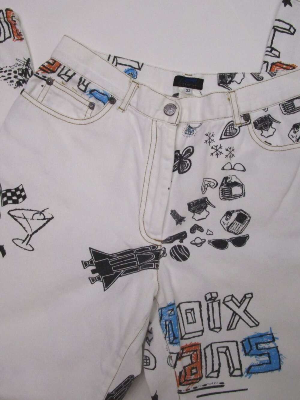 Graffiti Print Jeans White Twill Straight High Waist 90s